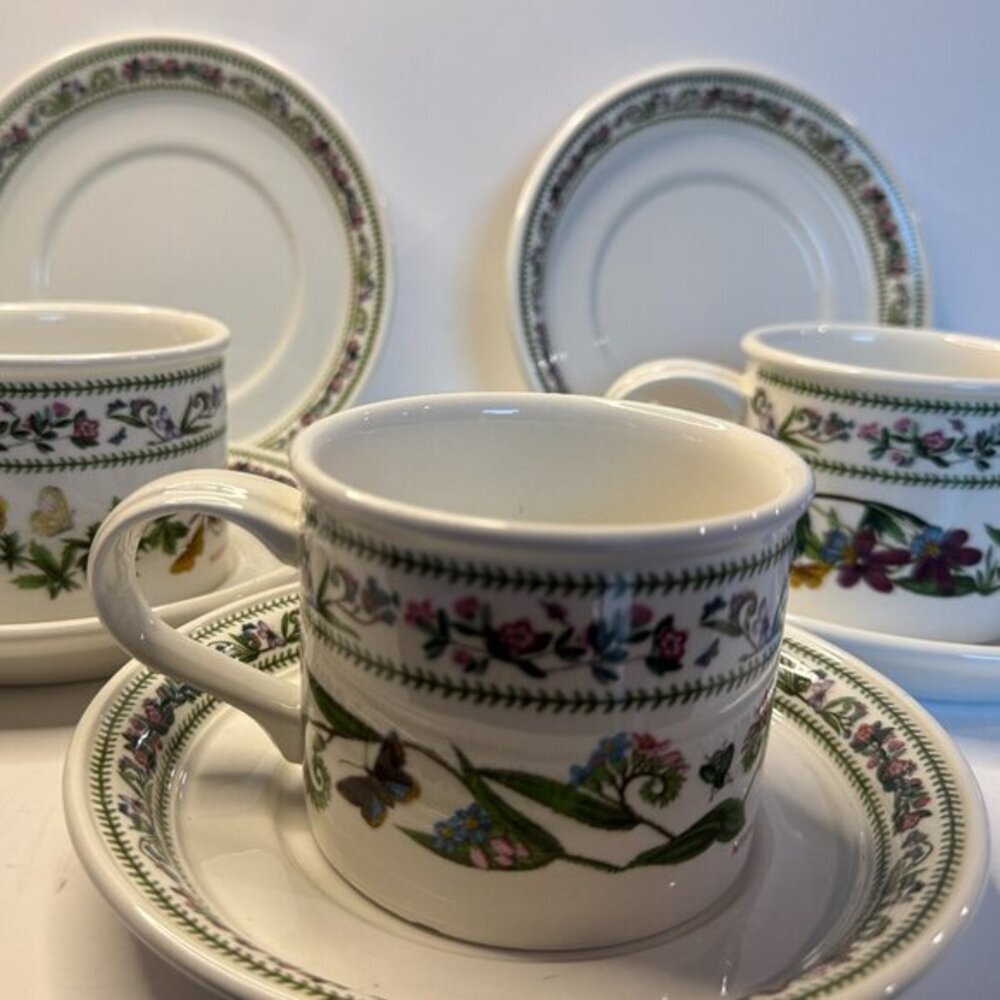 Portmeirion Botanic Garden Saucers (5) + 3 Cups Chipped | Floral Variation